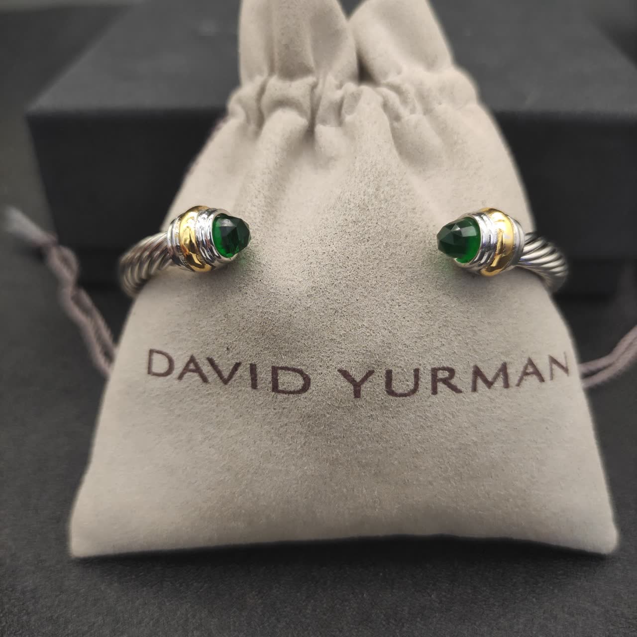 David Yurman Silver Cable Wire Bangle with Emerald Beads